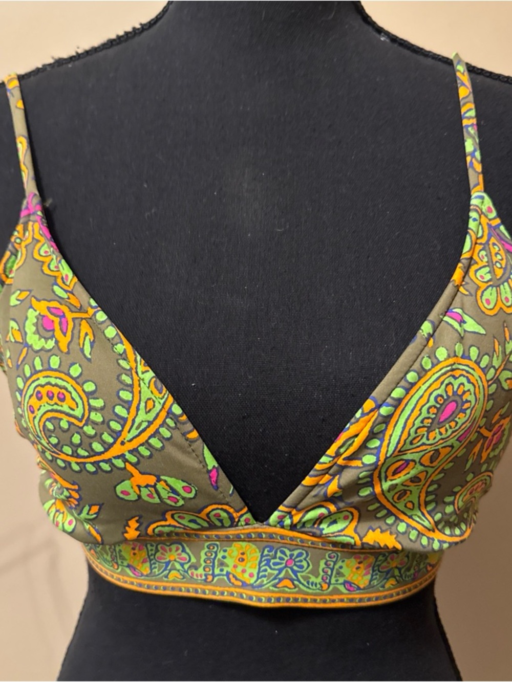 Ralph Lauren Olive Green Paisley Triangle Bikini Top with Neon Accents